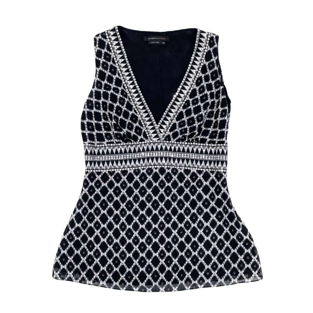 BCBGMaxAzria Black & White Patterned Sequin Silk Cotton V-neck Tank Top Size XXS